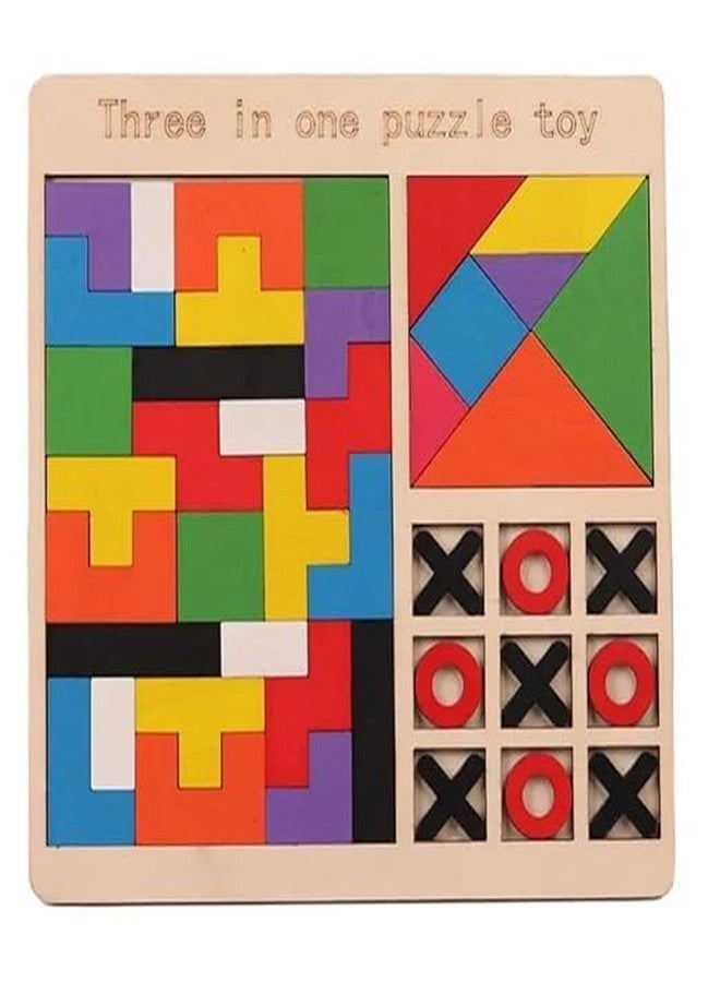 CESHTA Wooden 3-in-1 Puzzle Board for Children Brain Teaser Toy with Tic Tac Toe, Building Blocks & Shape Sorting | Skill-Building Game for Boys & Girls (Multicolor Pack of 1) - Image 1